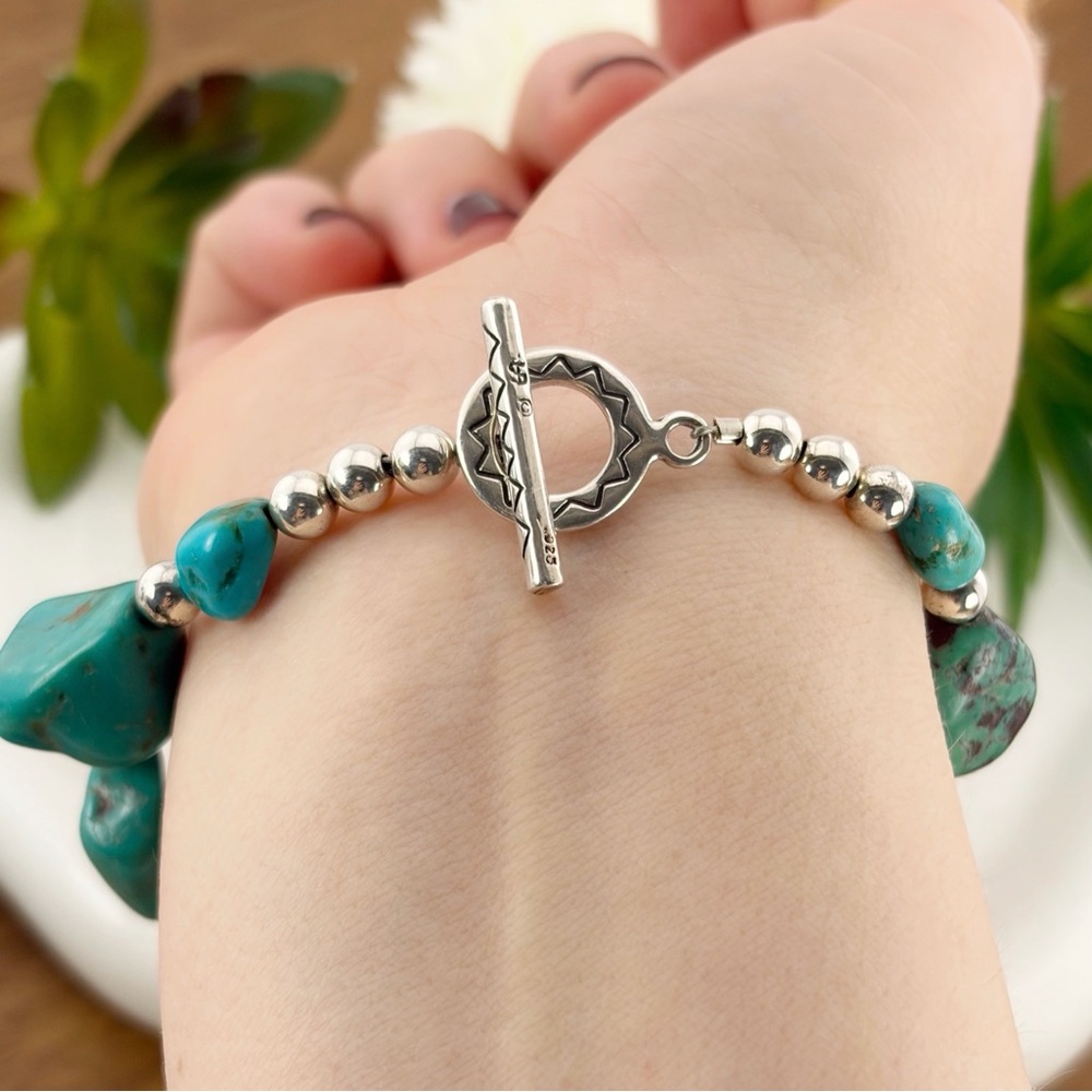 Vintage Sterling Silver 925 Turquoise Nugget Bracelet Boho Southwest Style - Picture 6 of 11
